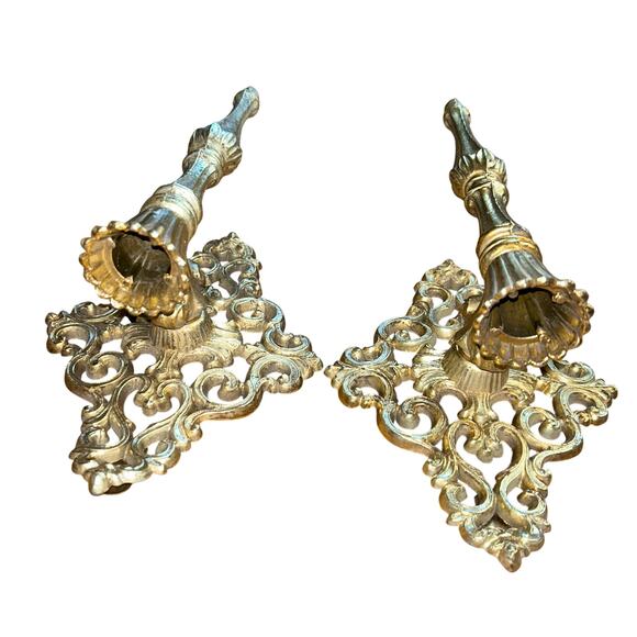 Vintage Hollywood Regency Ornate Gold Floral Scroll Cast Metal Sconces Set Of 2 - Picture 4 of 10